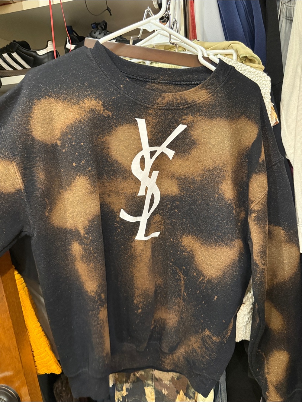 Inspire Black Crewneck Sweater with Rust Bleach Pattern and White Logo